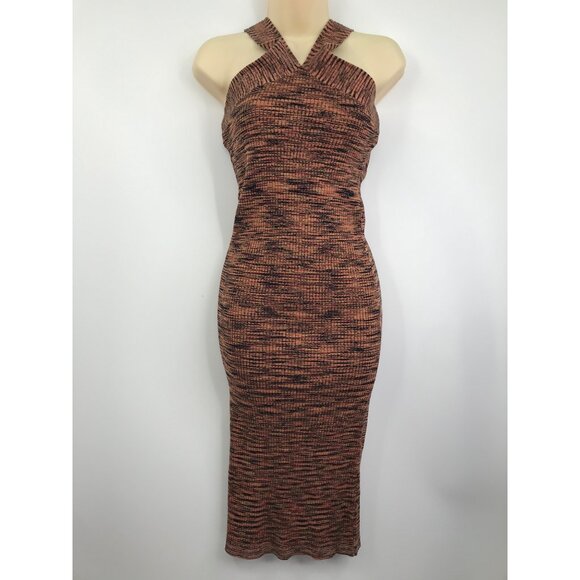 DKNY Donna Karen Stretch Halter Space Dye Knit Dress Orange Black Medium NEW - Picture 3 of 8